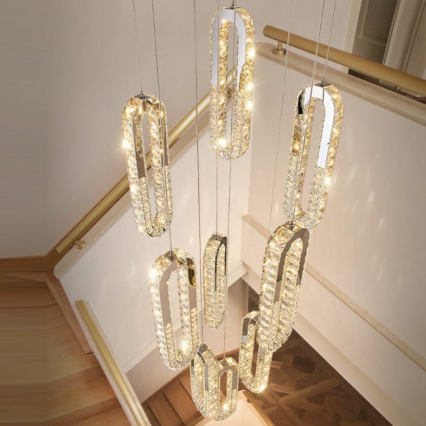 Contemporary Villa Hotel Lobby Foyer Pendant Ceiling Hanging Light Luxury Duplex Spiral Led Stairs Staircase Crystal Chandelier