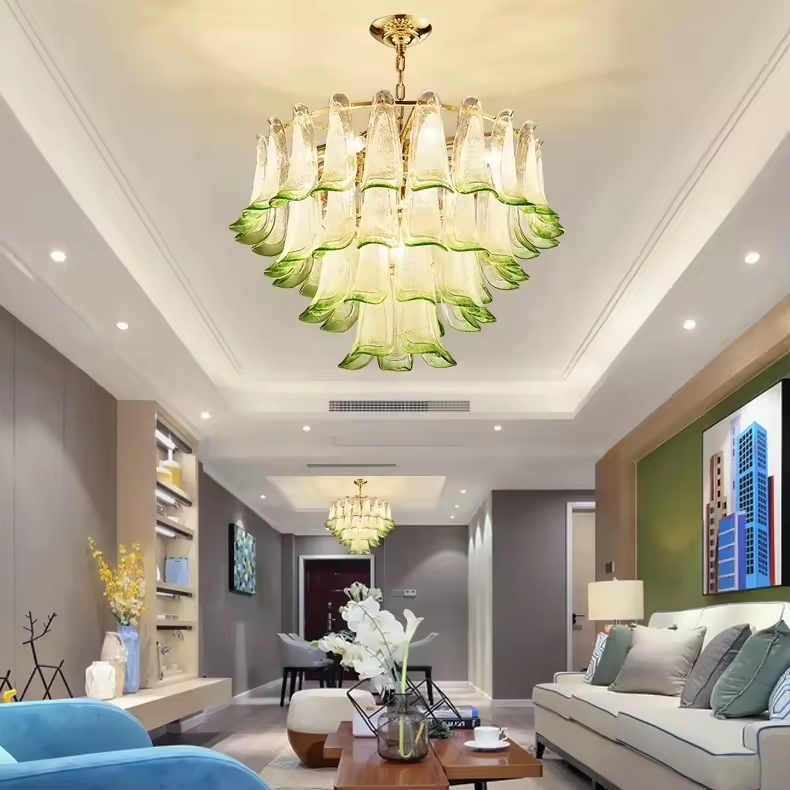 Italy Design Murano Glass Ceiling Lamp Tiers Round Green Leaf Chandelier Light Fixture for Bedroom Dining Room Bathroom Kitchen