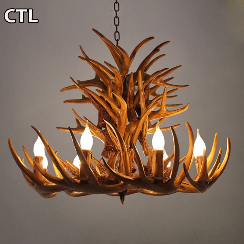 Kitchen Bars Deer Horn Shape Industrial Vintage Pendant Light Brown Resin Hanging Lamp Loft Retro Traditional Antler Chandelier