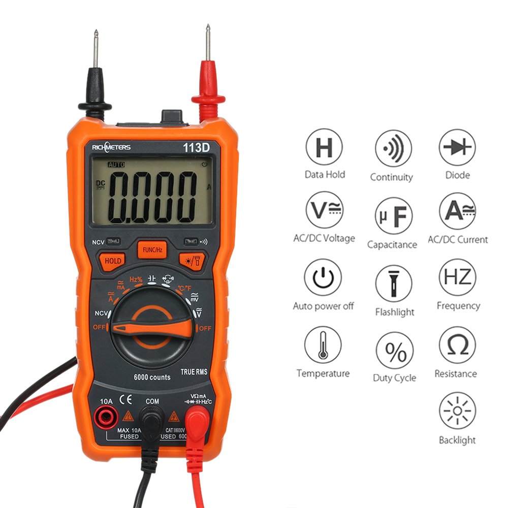 RICHMETERS RM113D 6000 Counts Auto Ranging AC/DC Voltage Temperature Measuring Meter Large Screen Digital Multimeter