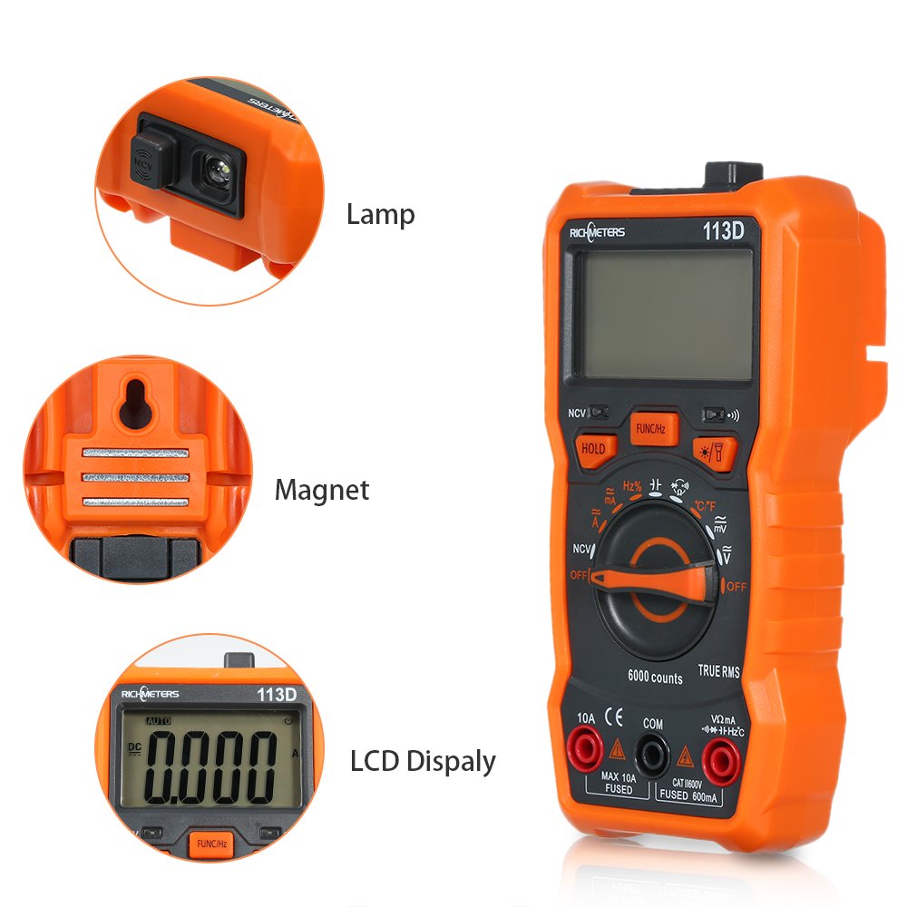 RICHMETERS RM113D 6000 Counts Auto Ranging AC/DC Voltage Temperature Measuring Meter Large Screen Digital Multimeter