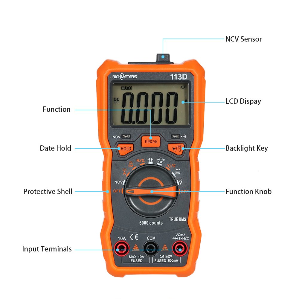 RICHMETERS RM113D 6000 Counts Auto Ranging AC/DC Voltage Temperature Measuring Meter Large Screen Digital Multimeter