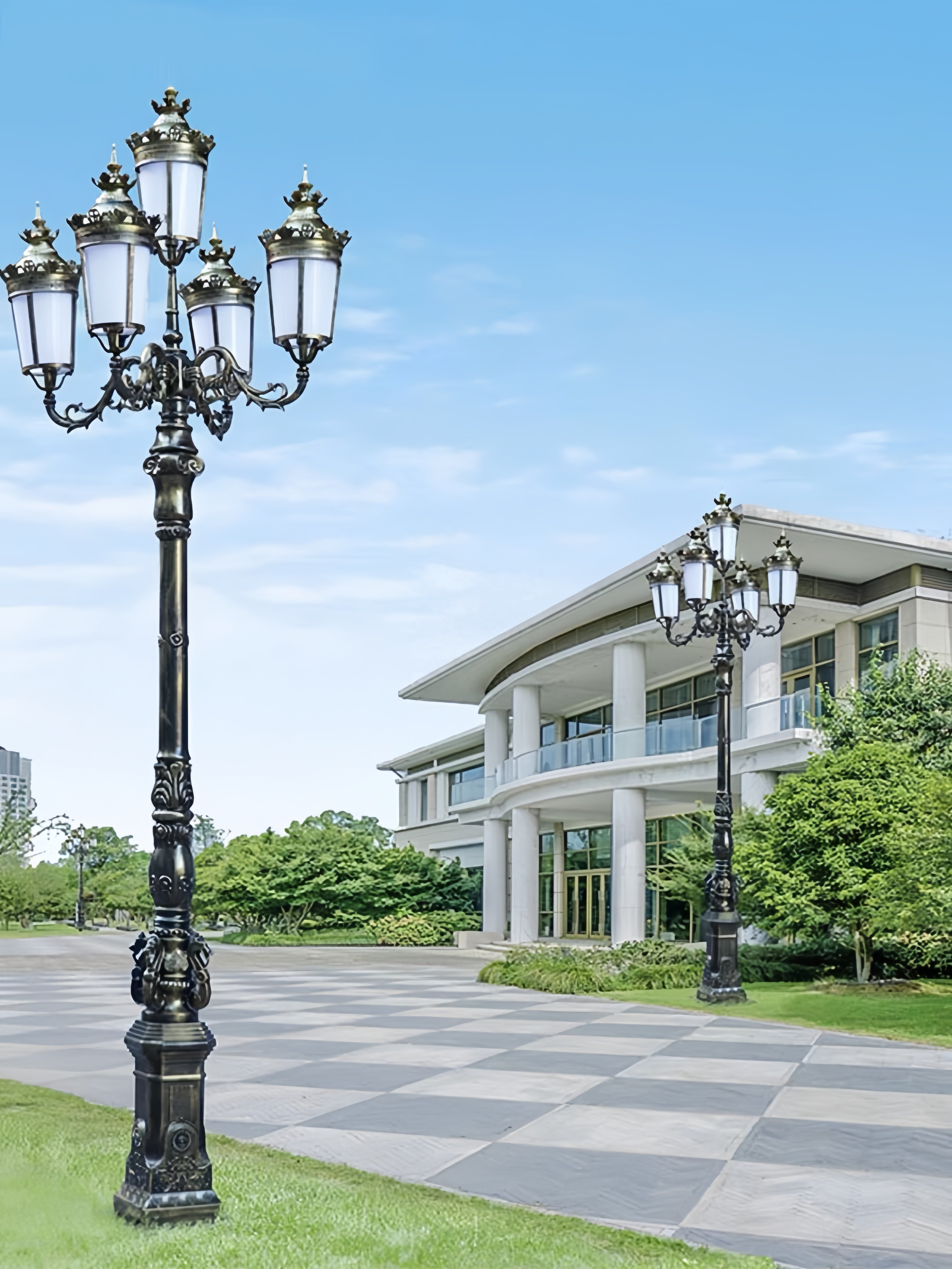Customized 3M/3.5M Outdoor Garden Lamp Cast Aluminum+Cast Iron Artistic LED Villa Landscape Solar/Ac 220V Power Supply Glass