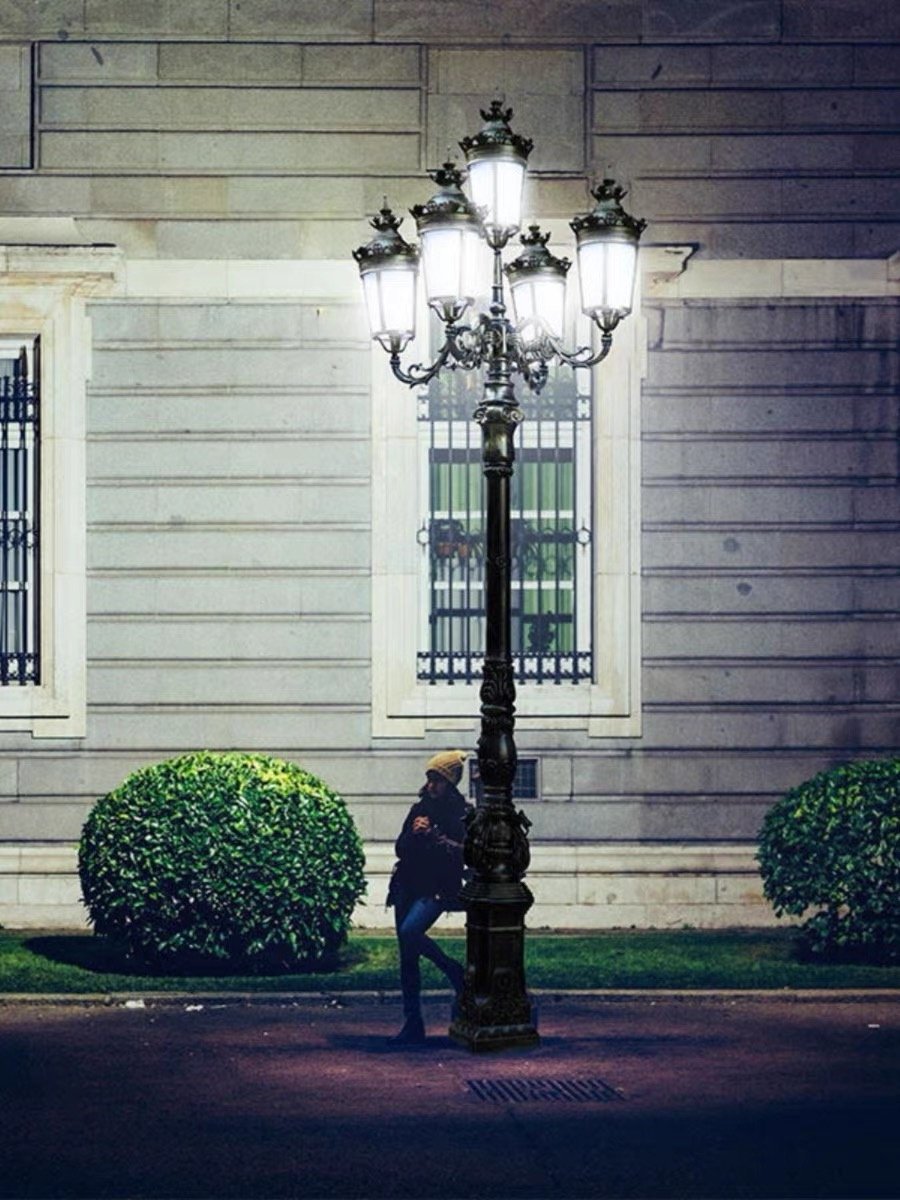 Customized 3M/3.5M Outdoor Garden Lamp Cast Aluminum+Cast Iron Artistic LED Villa Landscape Solar/Ac 220V Power Supply Glass