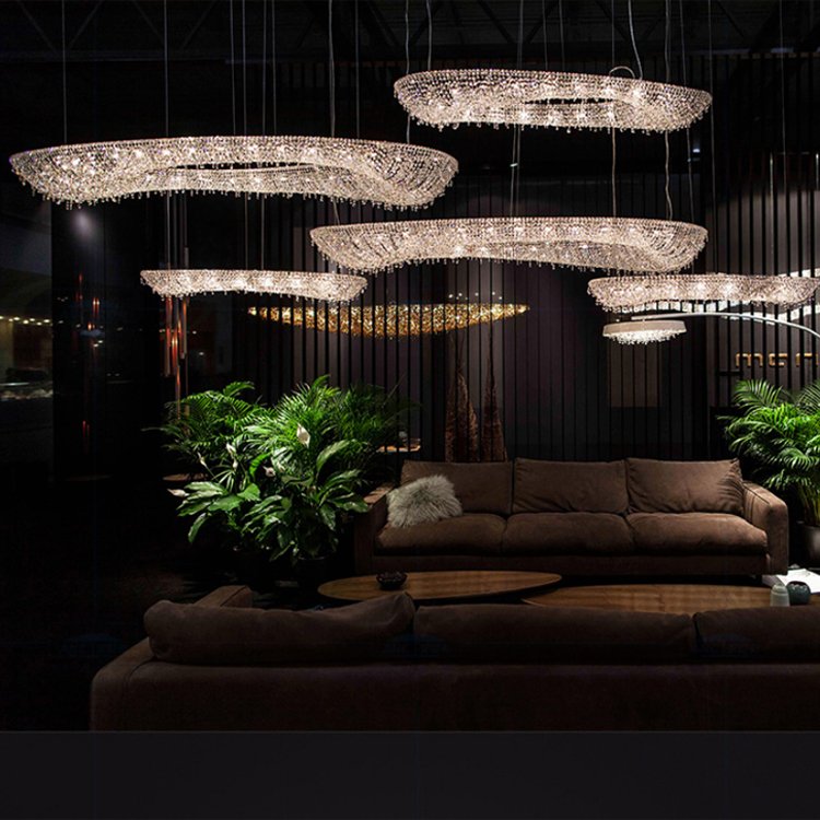 Large Modern Luxury Indoor Pendant Light Adjustable Height K9 Crystal Beads Chandelier for Living Room Oval Ceiling Hanging