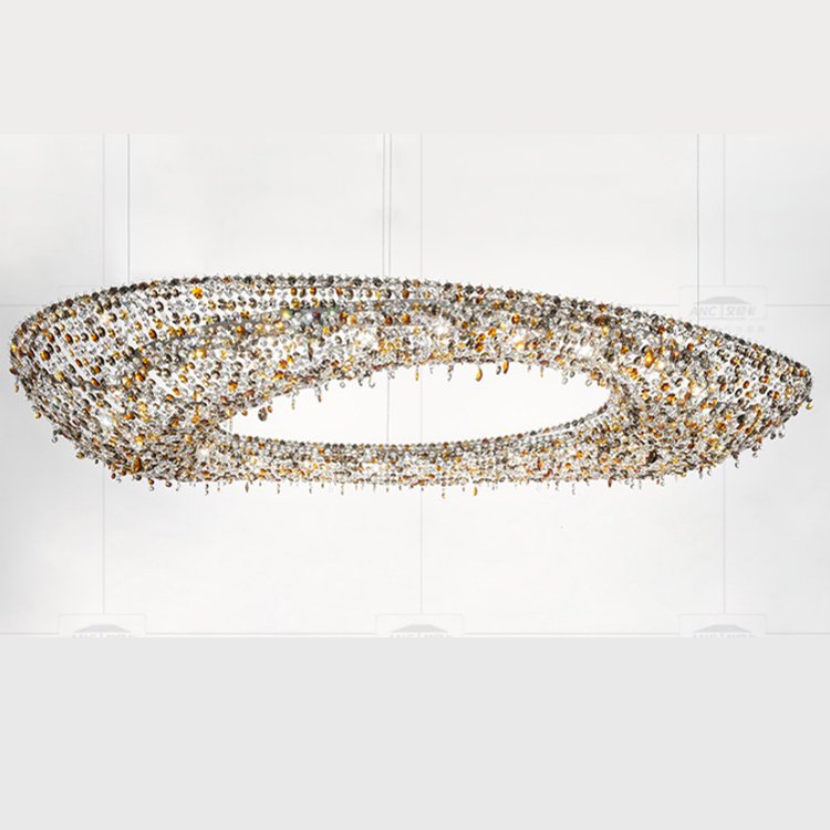 Large Modern Luxury Indoor Pendant Light Adjustable Height K9 Crystal Beads Chandelier for Living Room Oval Ceiling Hanging