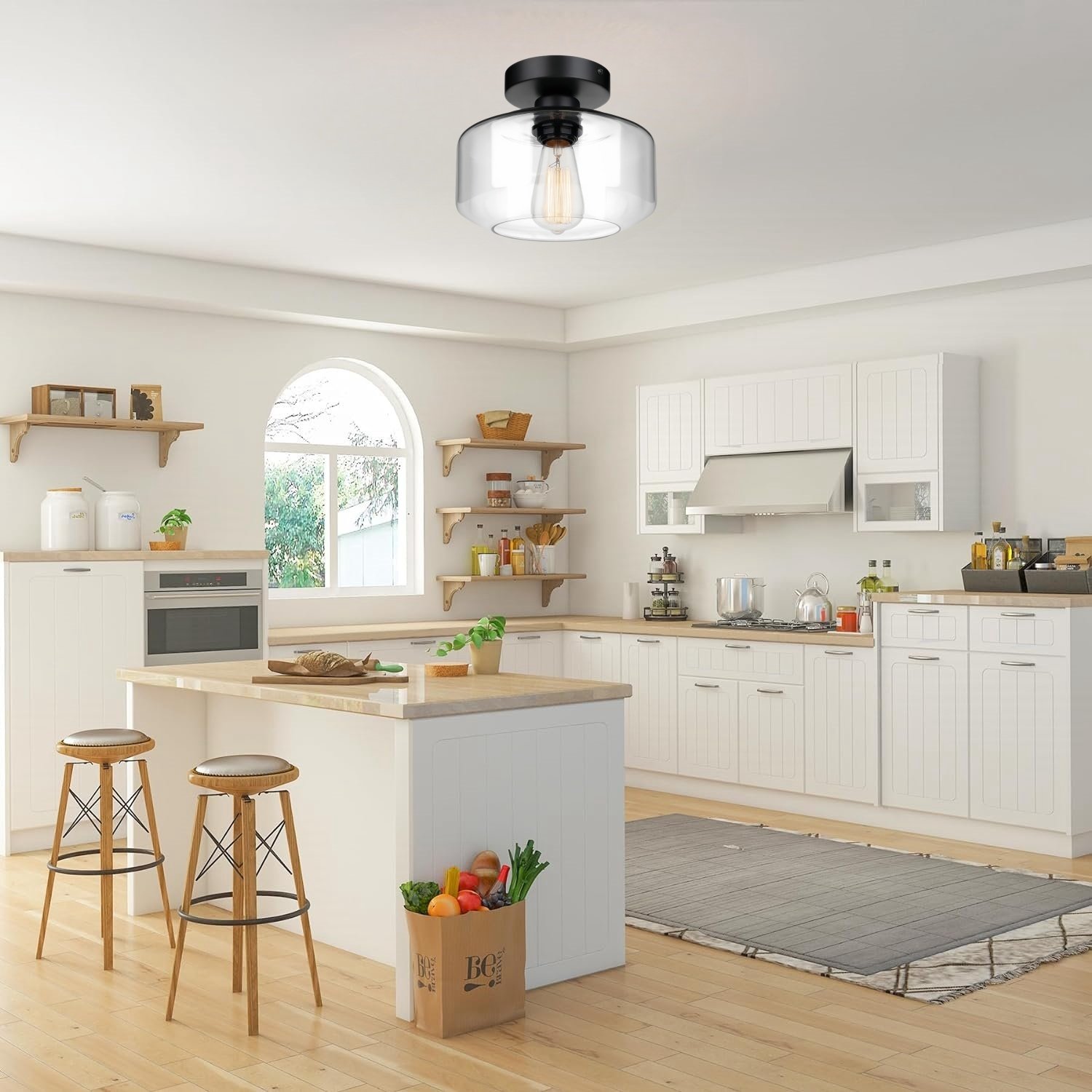 Hot Selling Vintage Glass Flush Mount Ceiling Light Round Shape LED Bulbs Lamp with Iron Base for Home Corridor Kitchen