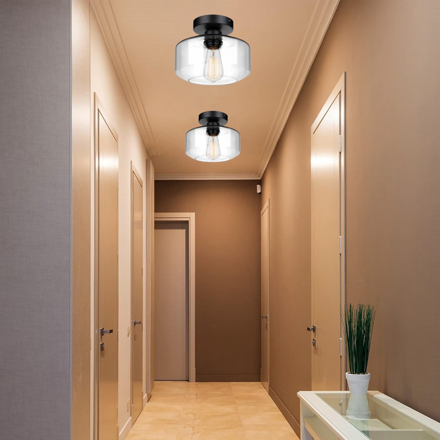 Hot Selling Vintage Glass Flush Mount Ceiling Light Round Shape LED Bulbs Lamp with Iron Base for Home Corridor Kitchen