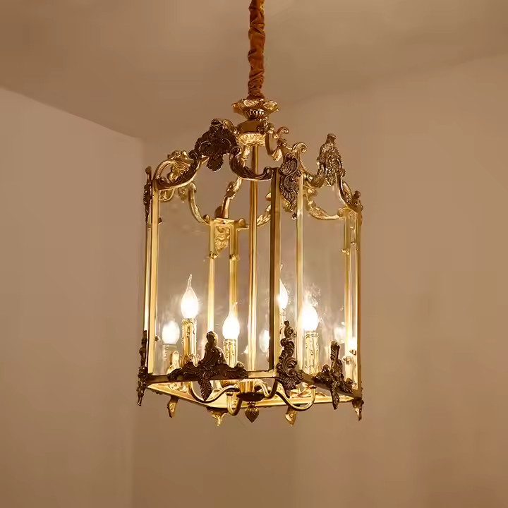 French Vintage Style Lighting Gilt Luxury Hotel Brass Bird Cage Pendant Light Hanging Lantern Engraved Glass Panels Chandelier