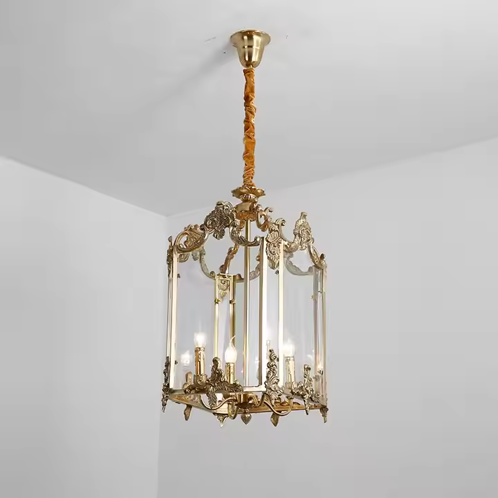 French Vintage Style Lighting Gilt Luxury Hotel Brass Bird Cage Pendant Light Hanging Lantern Engraved Glass Panels Chandelier