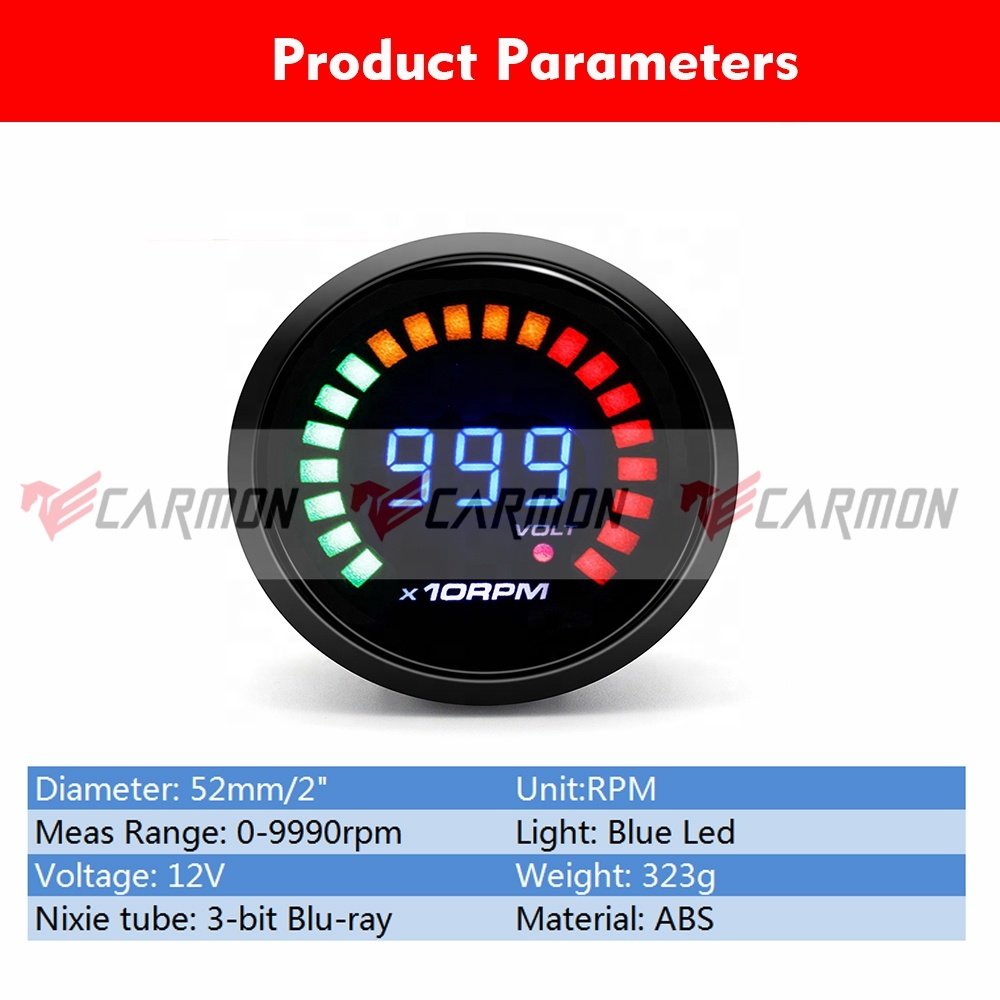 Custom 52mm Auto Meter 0-9990rpm 2'' 3 Colors Led Digital Dashboard Tachometer Gauge