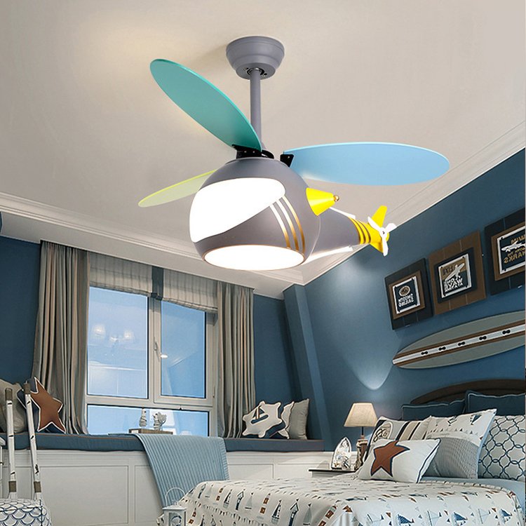 LED 45W 3CCT Remote Control Fan Pendant Light Children's Bedroom Study Room Airplane Fan Ceiling Light Silent Ceiling Fan Light