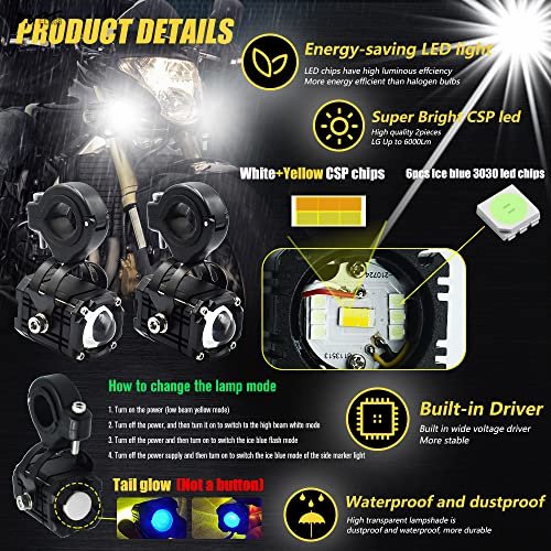 Motorcycle LED Fog Running Lights with 4 Functions and 3 Colors Integrated High Beam DRL Flashing Warning Lighting Kit