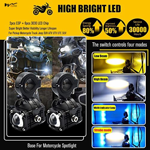 Motorcycle LED Fog Running Lights with 4 Functions and 3 Colors Integrated High Beam DRL Flashing Warning Lighting Kit