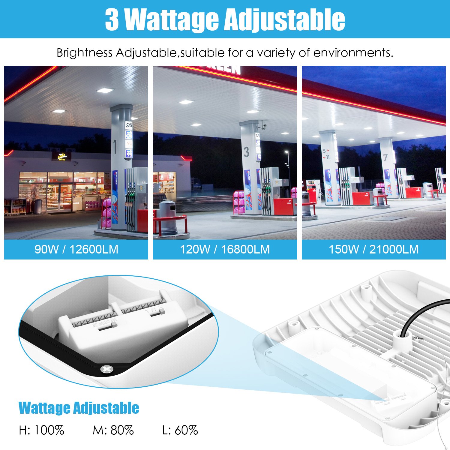 Canopy Light Us Stock 3cct 3power Tunable Square 150w Station Lights for Gas Stations Led Canopy Light