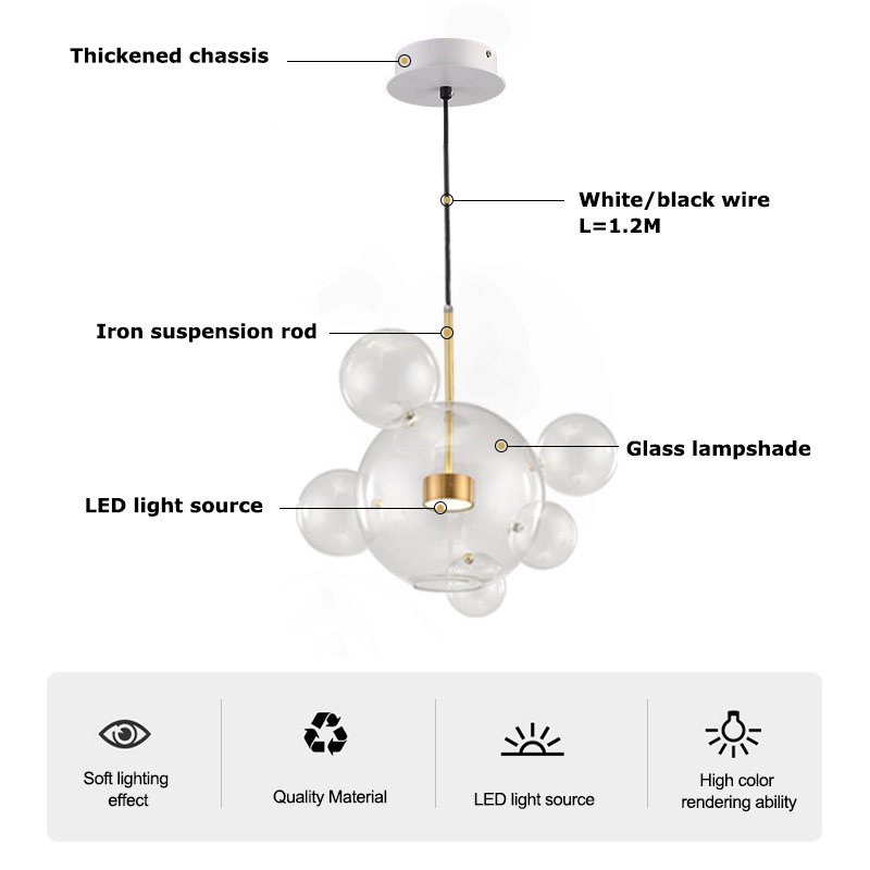 Creative Bubble Ball Transparent Blown Glass Chandelier Led Ceiling Hanging Nordic Modern Pendant Lights