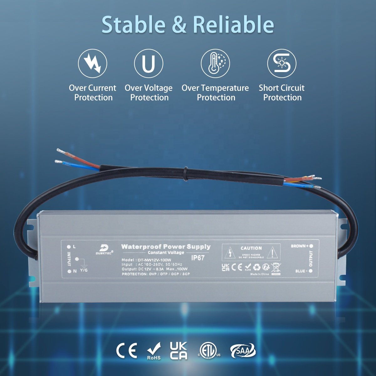 DUSKTEC Constant Voltage Waterproof Led 24v Power Supply Transformer 12v Ip67 100w 120w Linear Led Drivers