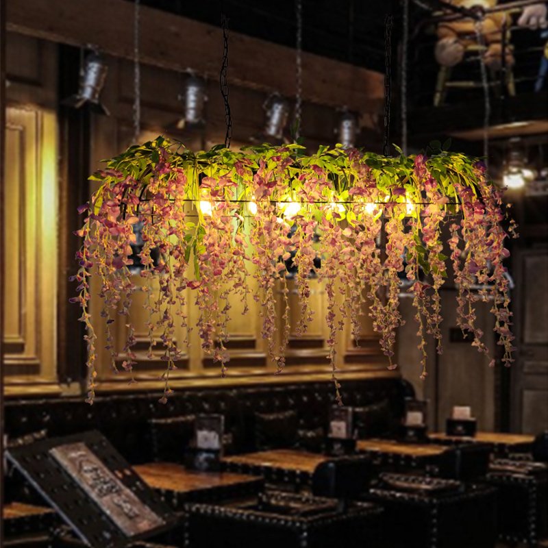 Indoor Home Decor Grass Flower Pendant Light Black Iron Kitchen Dining Rectangle Ceiling Hanging Plants Chandelier
