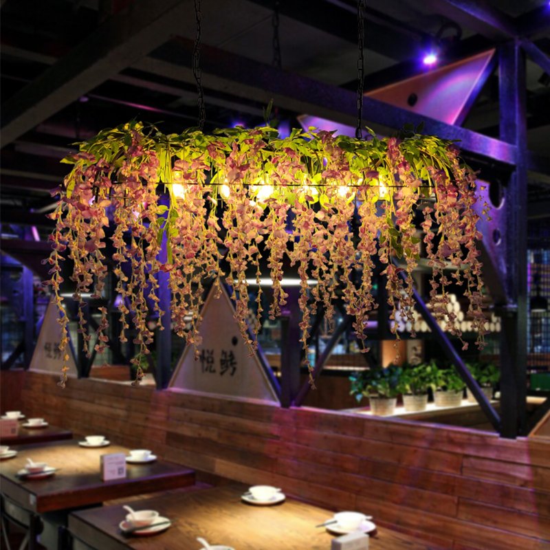 Indoor Home Decor Grass Flower Pendant Light Black Iron Kitchen Dining Rectangle Ceiling Hanging Plants Chandelier