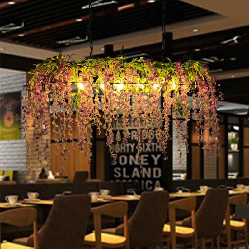 Indoor Home Decor Grass Flower Pendant Light Black Iron Kitchen Dining Rectangle Ceiling Hanging Plants Chandelier