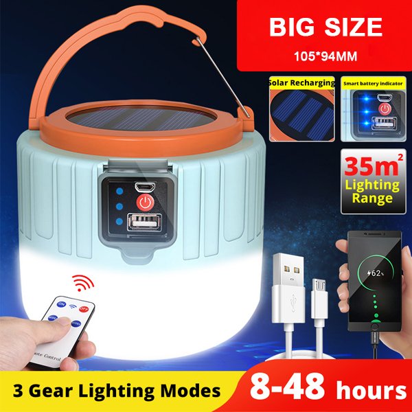 1000 Watts Solar LED Camping Light USB Rechargeable Bulb for Outdoor Tent Lamp Portable Lanterns Emergency Lights for BBQ Hiking