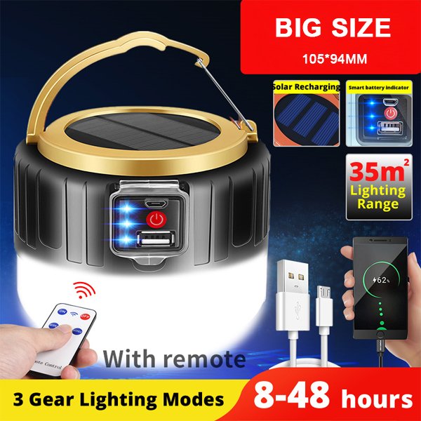 1000 Watts Solar LED Camping Light USB Rechargeable Bulb for Outdoor Tent Lamp Portable Lanterns Emergency Lights for BBQ Hiking