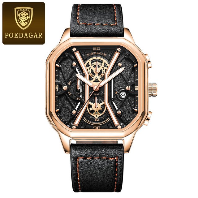 POEDAGAR Fashion Men Luxury Wristwatches Square Dial Leather Quartz Men's Watches Chronograph Luminous Waterproof Date Man Watch