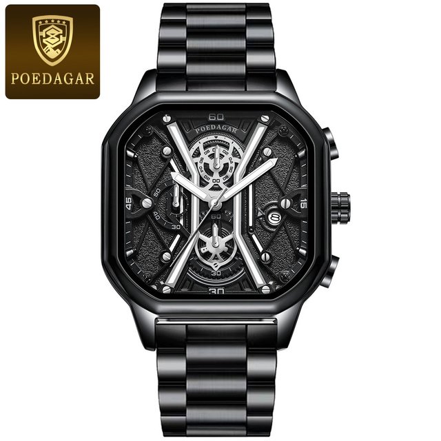 POEDAGAR Fashion Men Luxury Wristwatches Square Dial Leather Quartz Men's Watches Chronograph Luminous Waterproof Date Man Watch