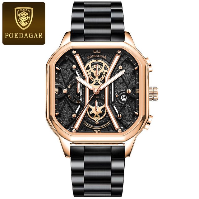 POEDAGAR Fashion Men Luxury Wristwatches Square Dial Leather Quartz Men's Watches Chronograph Luminous Waterproof Date Man Watch
