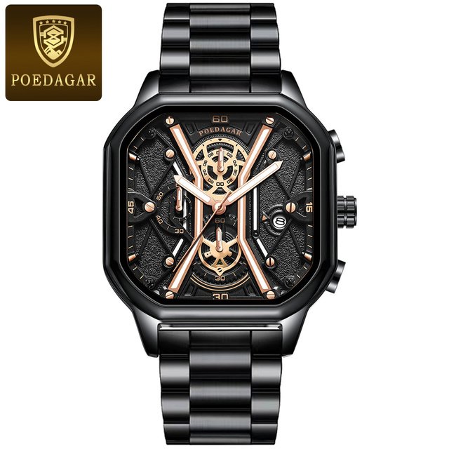 POEDAGAR Fashion Men Luxury Wristwatches Square Dial Leather Quartz Men's Watches Chronograph Luminous Waterproof Date Man Watch