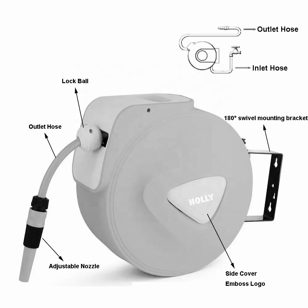 1/2 '' Retractable Garden Hose Reel 66FT Wall Mounted Auto Self Rewind System Any Length Lock 24-bar Rewindable Garden Hose Reel