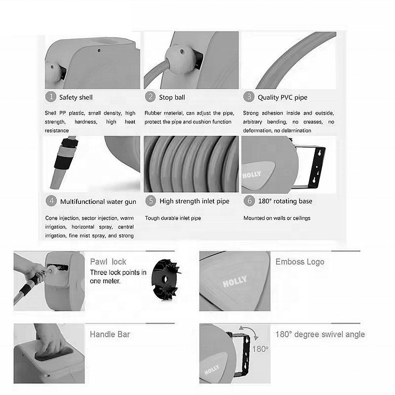 1/2 '' Retractable Garden Hose Reel 66FT Wall Mounted Auto Self Rewind System Any Length Lock 24-bar Rewindable Garden Hose Reel