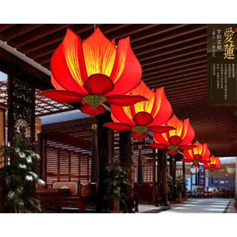 New Chinese Fabric Zen Lotus Chandelier Classical Lamp Buddhist Hall and Temple Living Room Dining Restaurant Enginee
