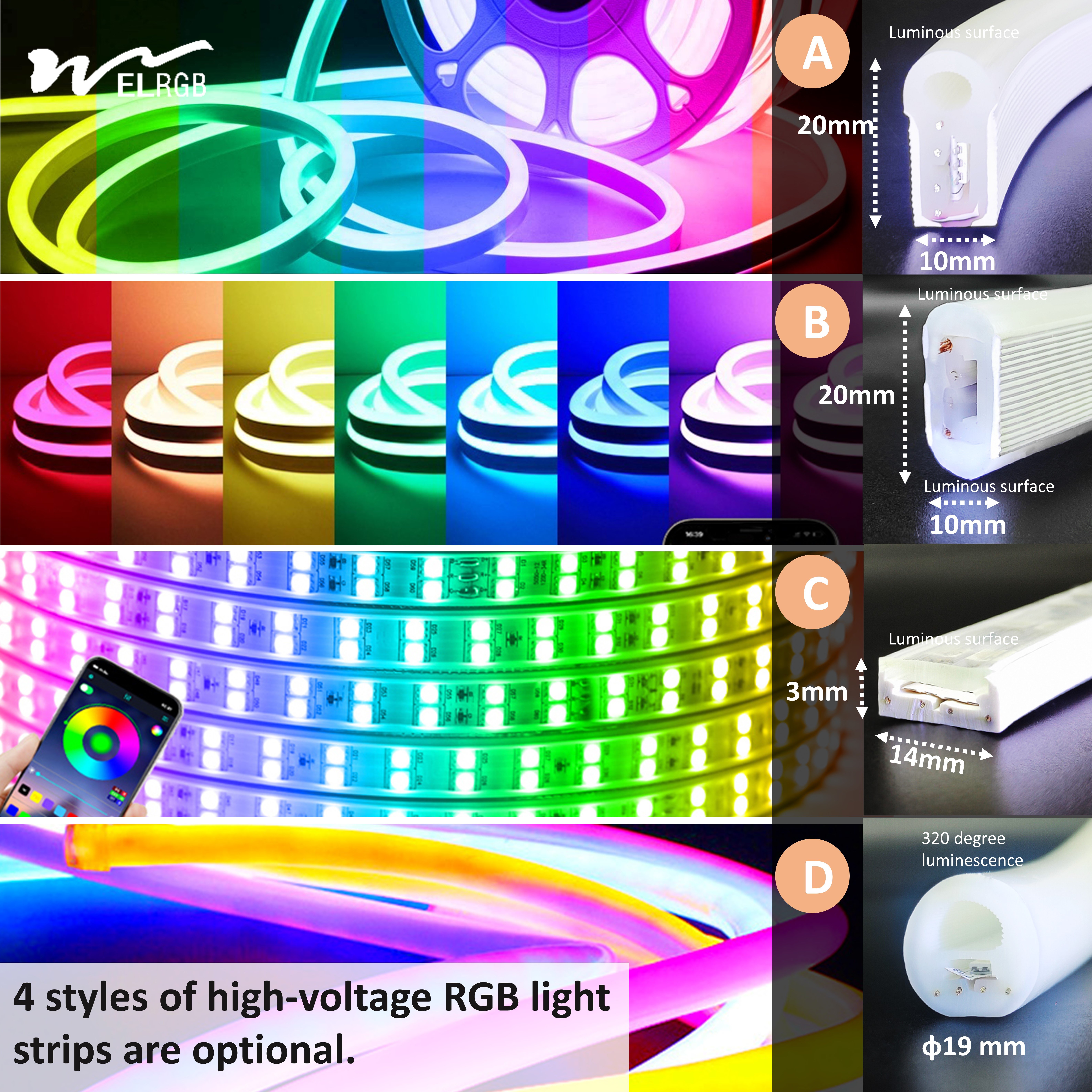 Outdoor RGB LED Strip Light 110v 220v Neon Light Strip Remote Control 5m Length UL Certified Auto Color Rendering Colorful CCt