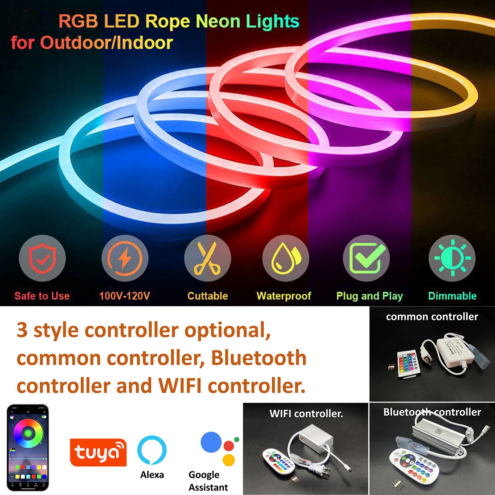 Outdoor RGB LED Strip Light 110v 220v Neon Light Strip Remote Control 5m Length UL Certified Auto Color Rendering Colorful CCt