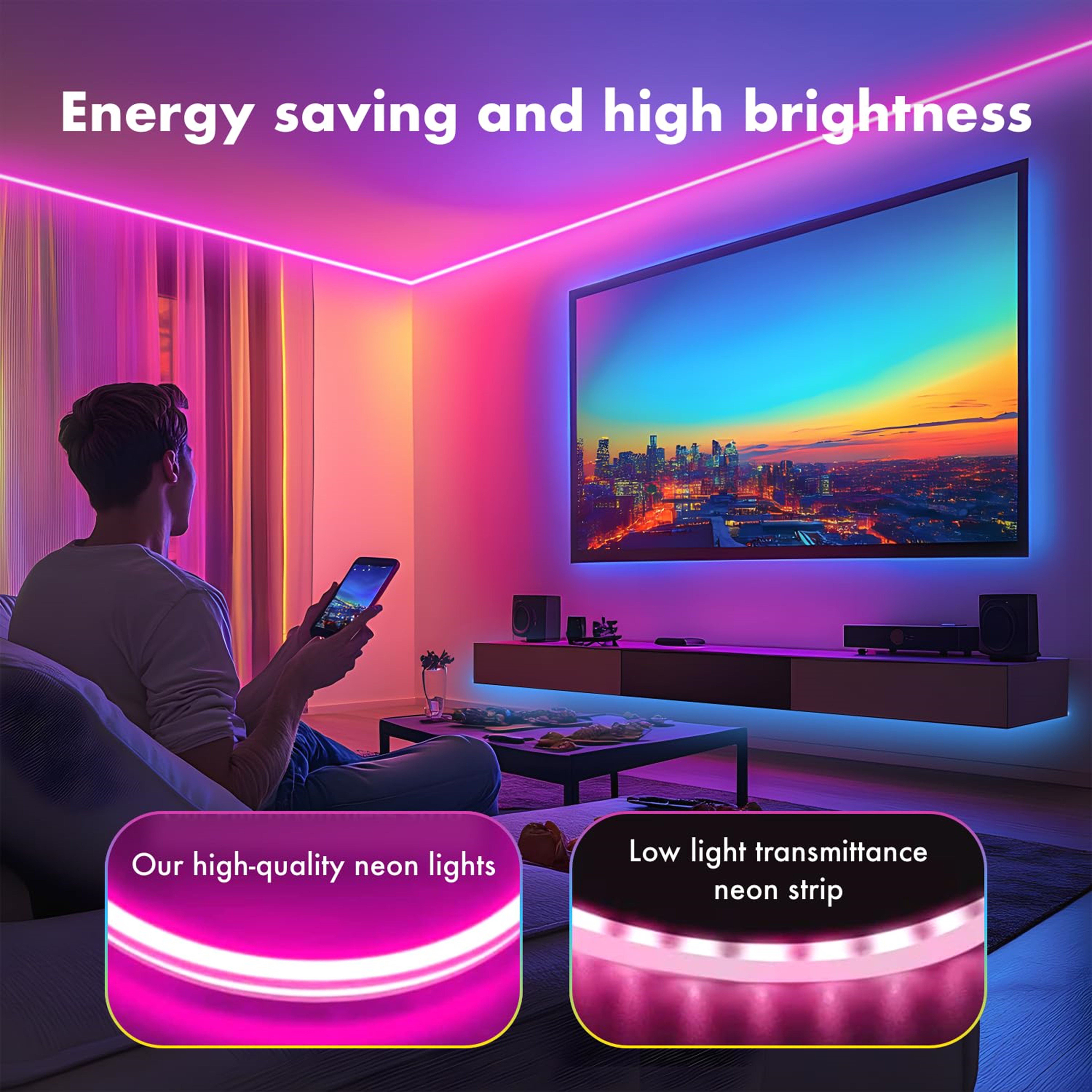 Outdoor RGB LED Strip Light 110v 220v Neon Light Strip Remote Control 5m Length UL Certified Auto Color Rendering Colorful CCt