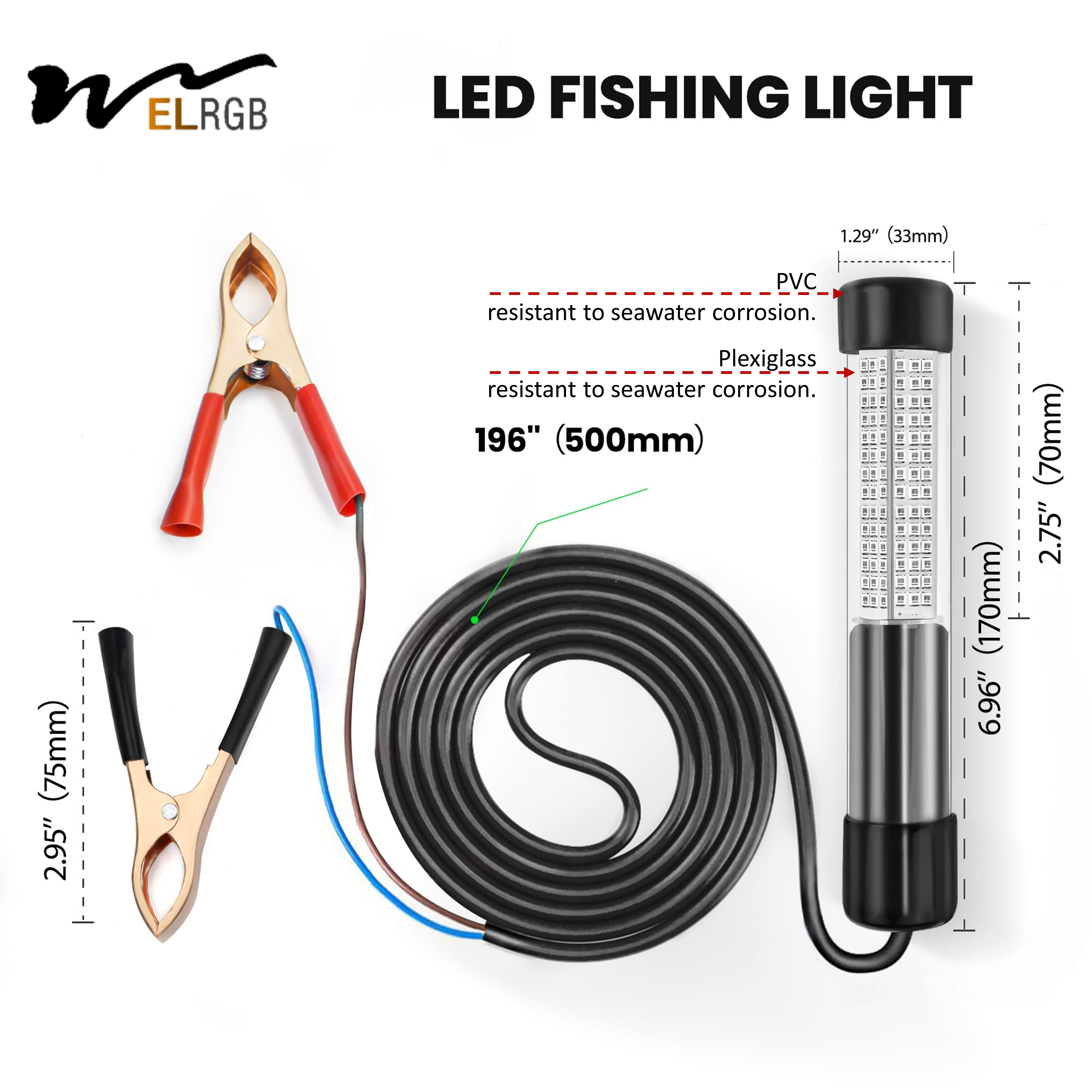 12V LED Underwater Squid Fishing Lamp with 5 Meters Green Blue Yellow Whiter Emitted Waterproof Fishing Light for Sea Fishing