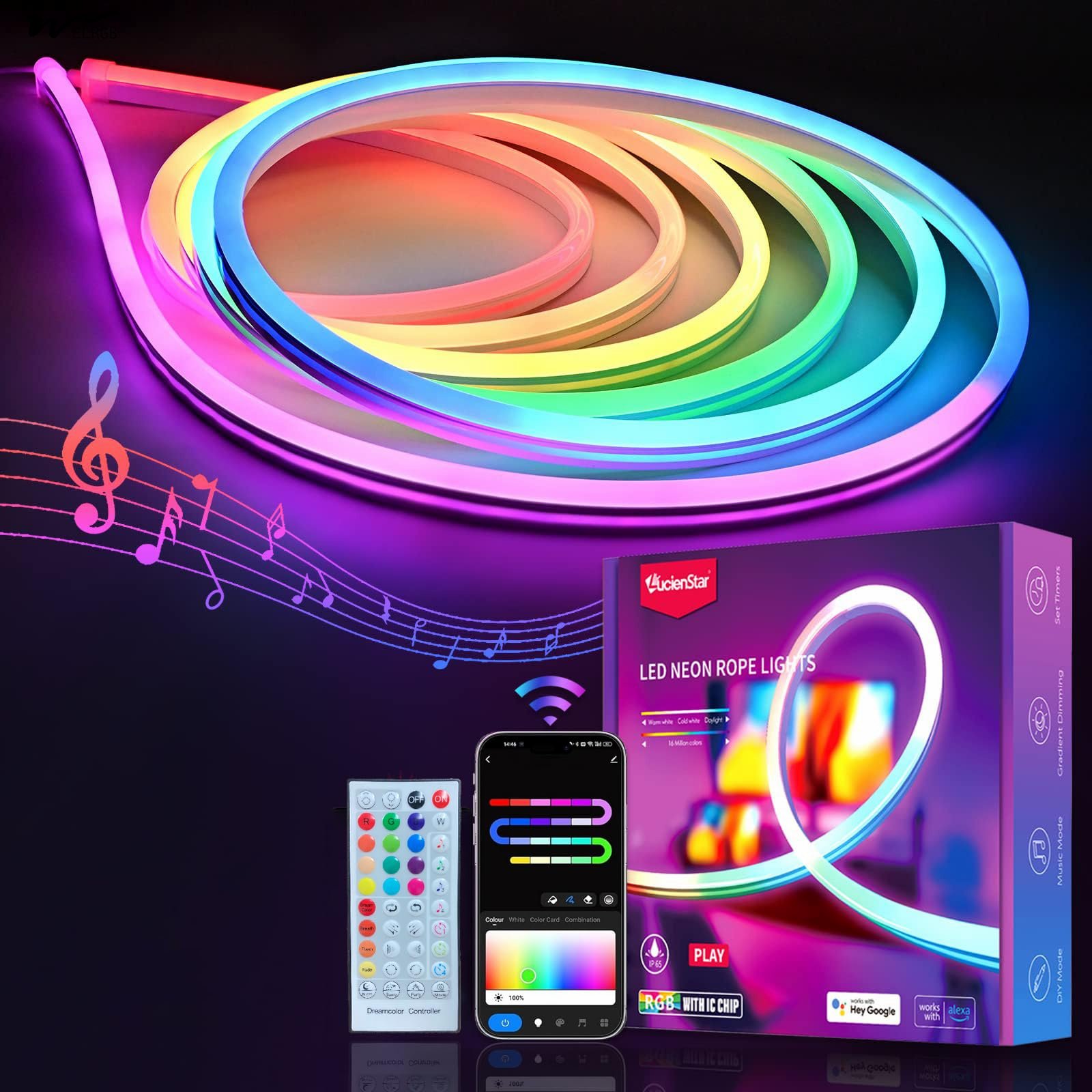 RGB+IC LED Rope Lights, 16.4 ft Neon Rope Light with Music Sync, Compatible DIY LED Strip Lights