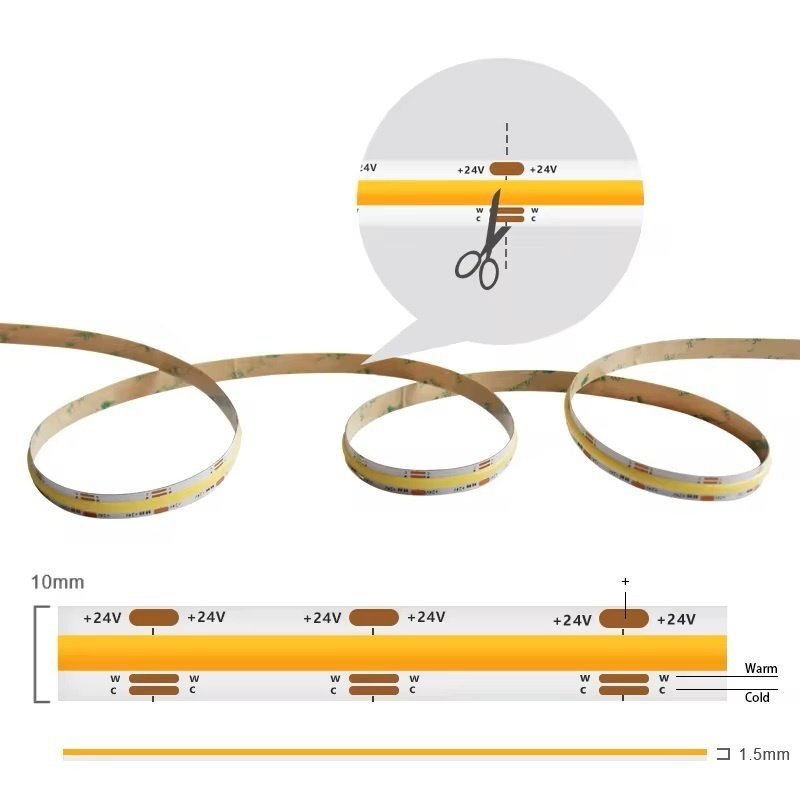 Dual White COB CCT LED Strip Lights 5m 24V High Density Flexible Dimmable LED Tape 576LEDs/m 2700K 6500K Changeable White Light