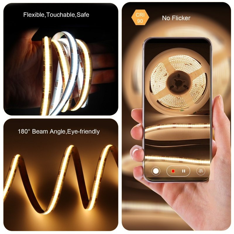 Dual White COB CCT LED Strip Lights 5m 24V High Density Flexible Dimmable LED Tape 576LEDs/m 2700K 6500K Changeable White Light