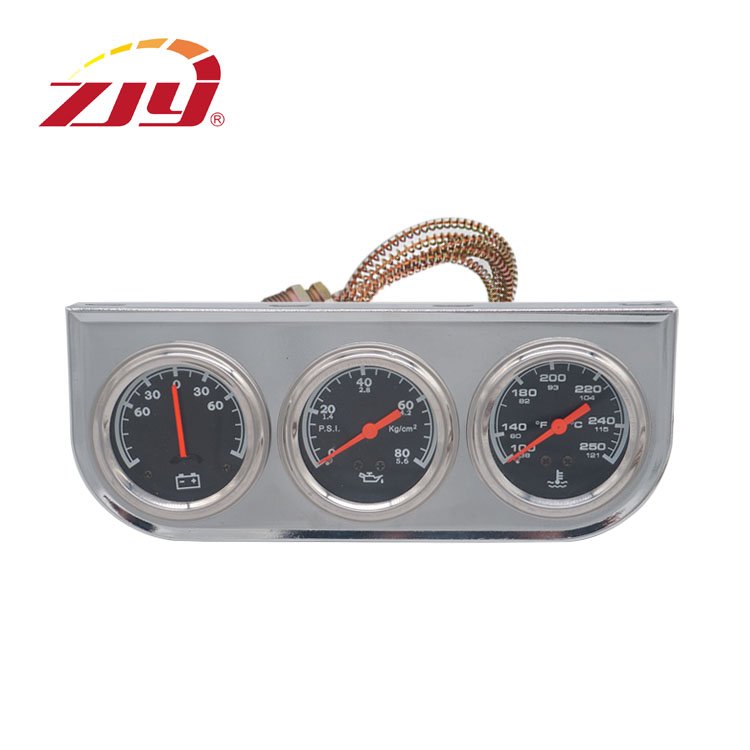 ZJY Gauge Black Dashboard White Case 2'' 52mm Triple 3 Gauge Ampere, Water Temp, Oil Pressure