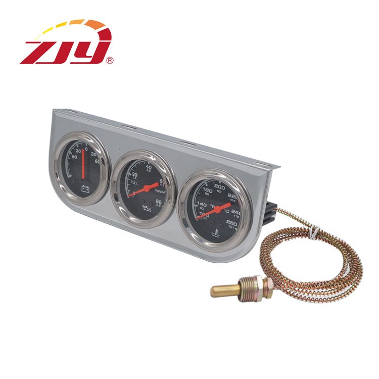 ZJY Gauge Black Dashboard White Case 2'' 52mm Triple 3 Gauge Ampere, Water Temp, Oil Pressure
