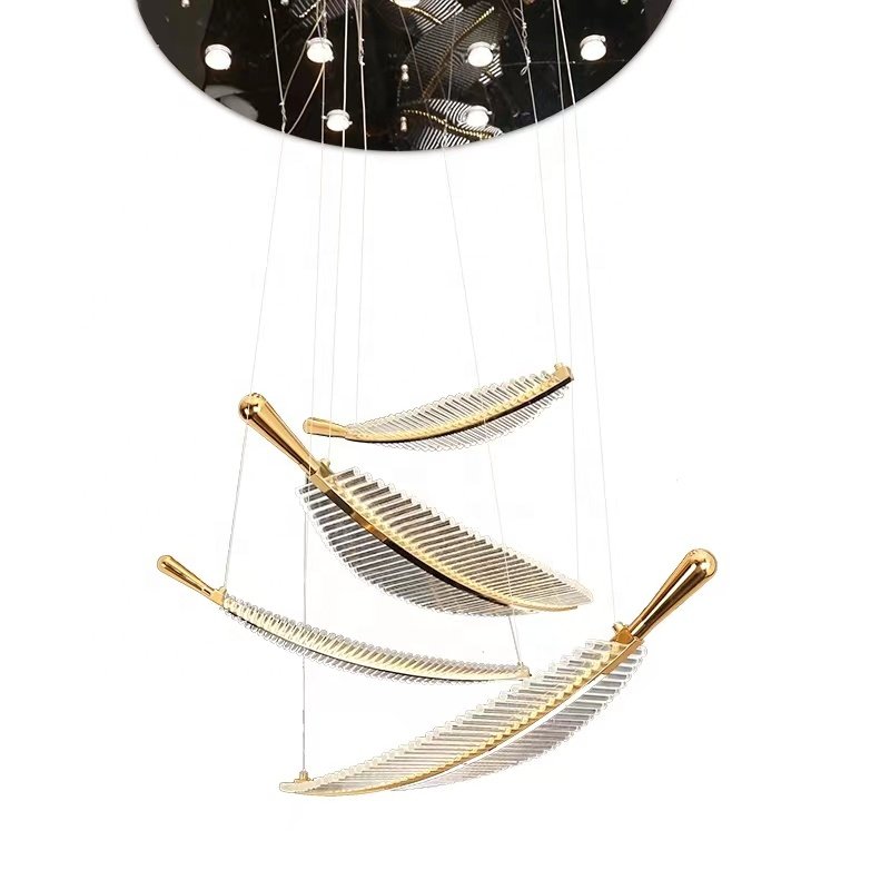 HITECDAD Luxury Beautiful Stair Chandelier Villa Hall Duplex Style Long Chandelier Wrought Iron Glass Leaf Shape Custom Lamps