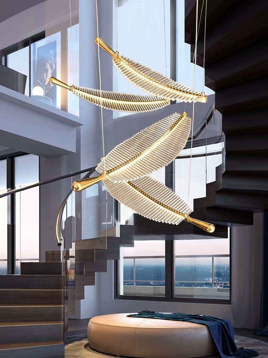 HITECDAD Luxury Beautiful Stair Chandelier Villa Hall Duplex Style Long Chandelier Wrought Iron Glass Leaf Shape Custom Lamps