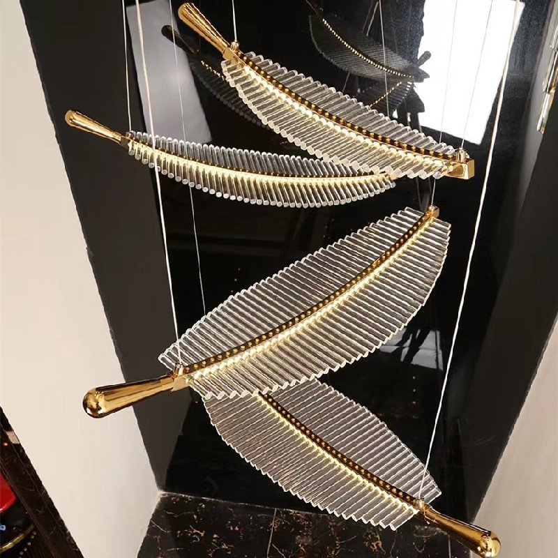 HITECDAD Luxury Beautiful Stair Chandelier Villa Hall Duplex Style Long Chandelier Wrought Iron Glass Leaf Shape Custom Lamps