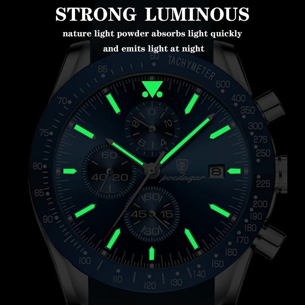 POEDAGAR Mens Watch Top Brand Luxury Creative Chronograph Silicone Strap Date Luminous Waterproof Men Watches Male Clock Reloj