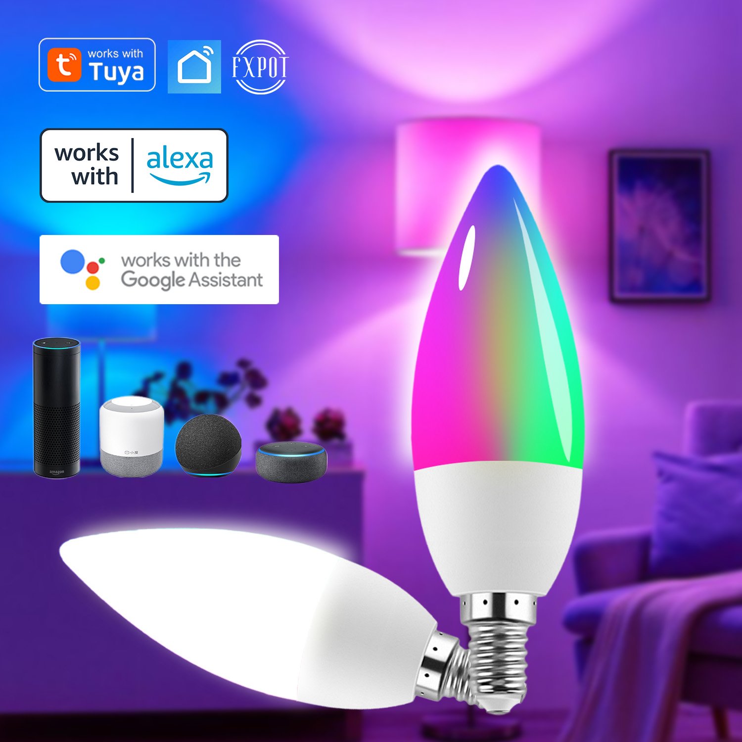 Voice Control Home Light Candle Light WiFi Smart Dimmable RGB CW E14 LED Tuya Smart Bulb Works With Alexa Google