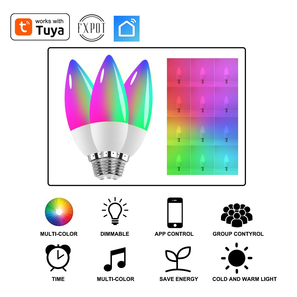 Voice Control Home Light Candle Light WiFi Smart Dimmable RGB CW E14 LED Tuya Smart Bulb Works With Alexa Google