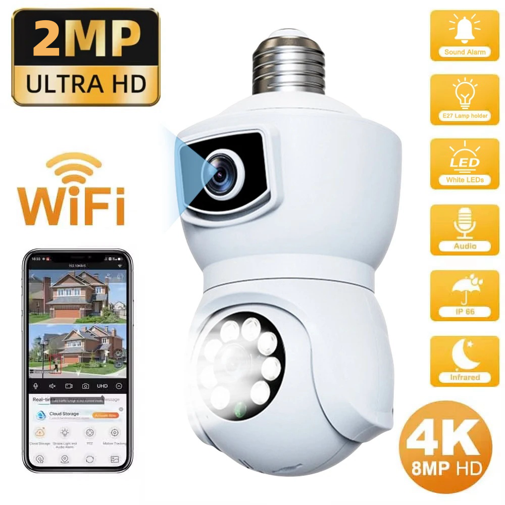 Double Lens Dual Screen Bulb Cameras De Vigilancia Auto Tracking Two Way Audio Night Vision Outdoor Security Camera