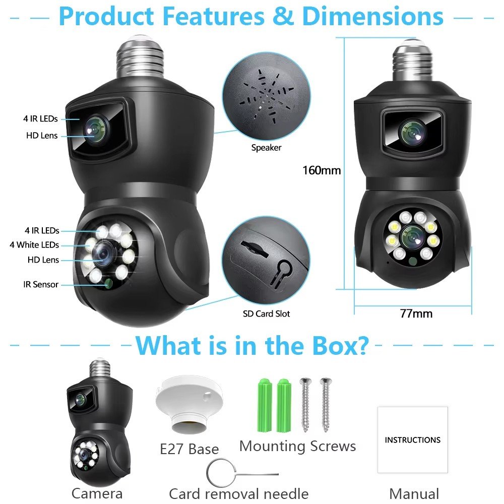 Double Lens Dual Screen Bulb Cameras De Vigilancia Auto Tracking Two Way Audio Night Vision Outdoor Security Camera